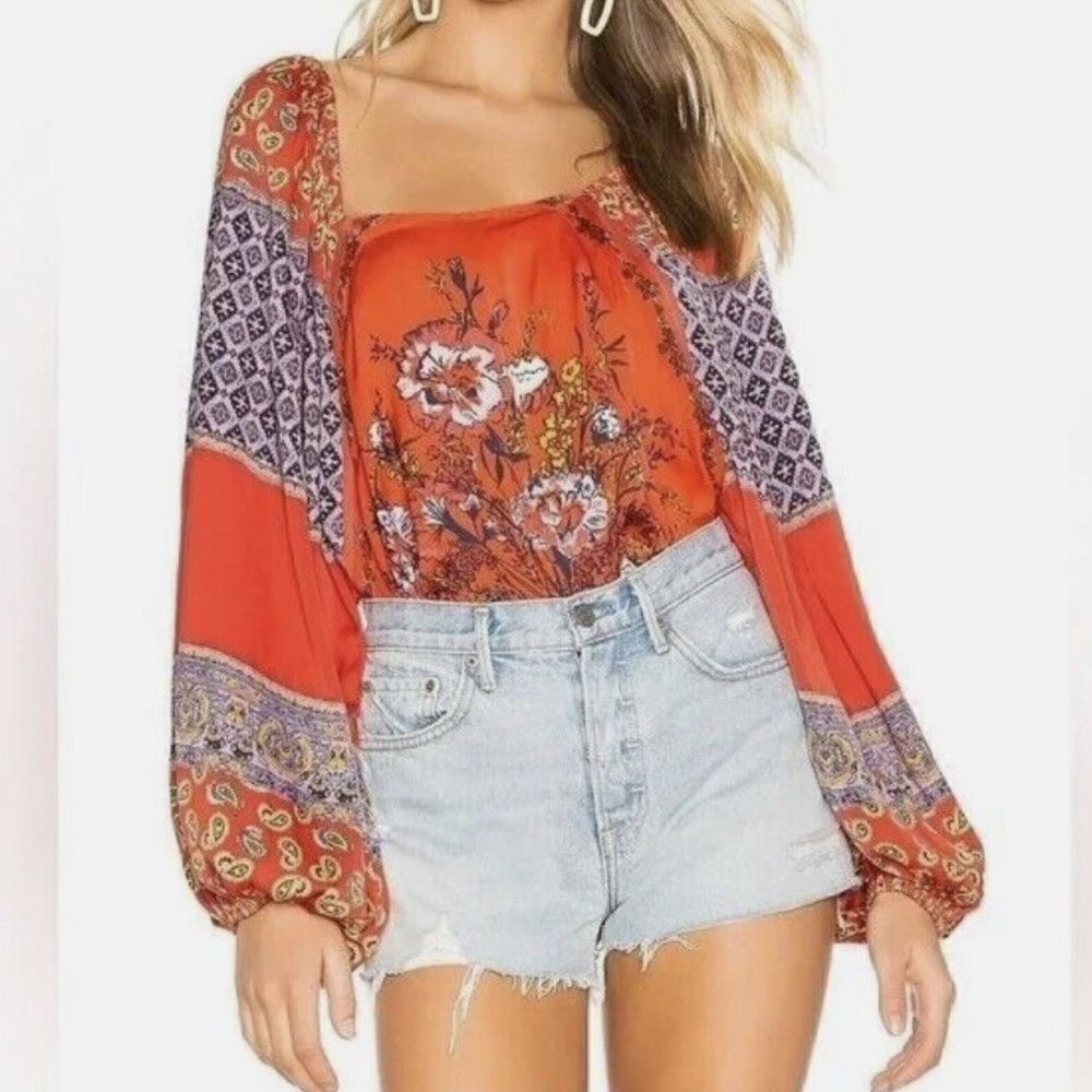 Free People Positano Cherry Combo Printed Flowy Off Shoulder Peasant Blouse
